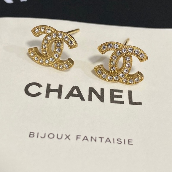 CHANEL Gold CC Logo Crystal-Embellished Stud Earrings
